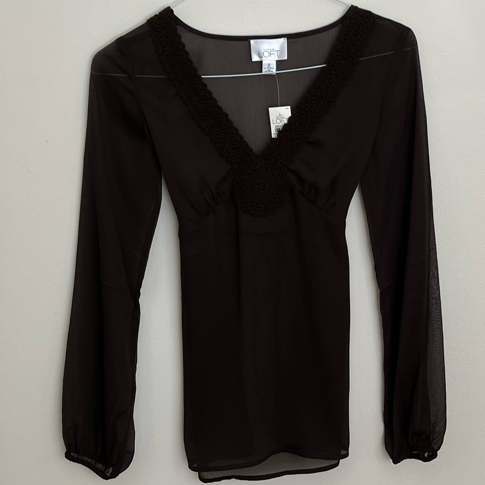Loft| brown flowy blouse with lace detail